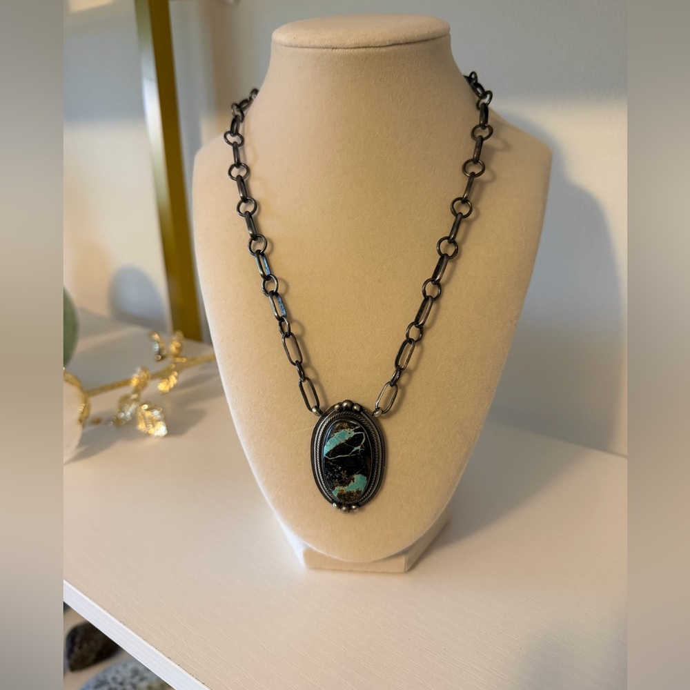 Genuine Native American Blackjack Turquoise & Sterling Silver Necklace